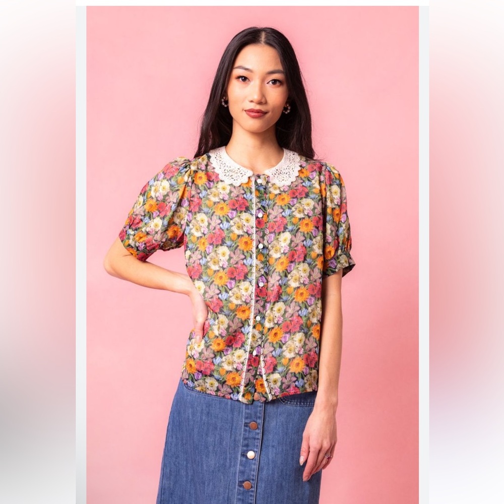 Ivy City Co Liberty of London Floral Lace Collar Button Front Blouse